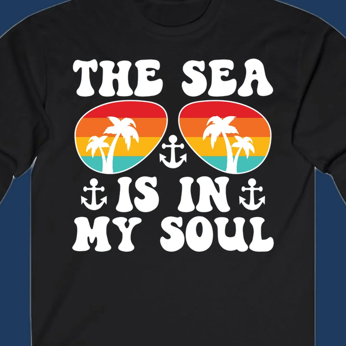 Sea in my soul cruise design with retro sunglasses filled with tropical sunset colors, palm trees, and anchor symbols