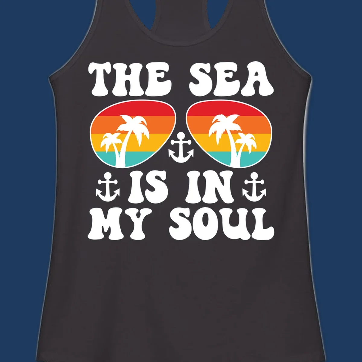 Sea in my soul cruise design with retro sunglasses filled with tropical sunset colors, palm trees, and anchor symbols