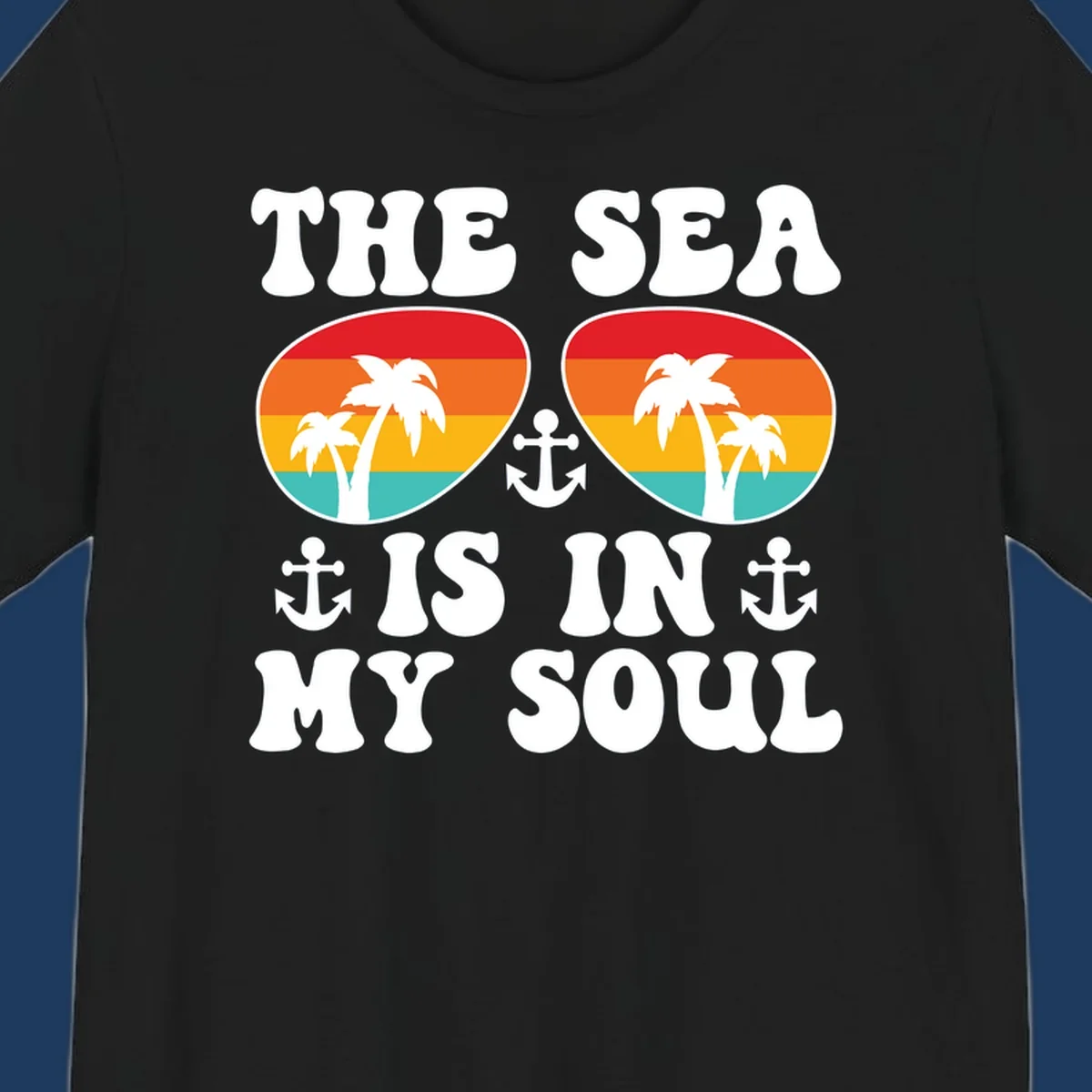 Sea in my soul cruise design with retro sunglasses filled with tropical sunset colors, palm trees, and anchor symbols