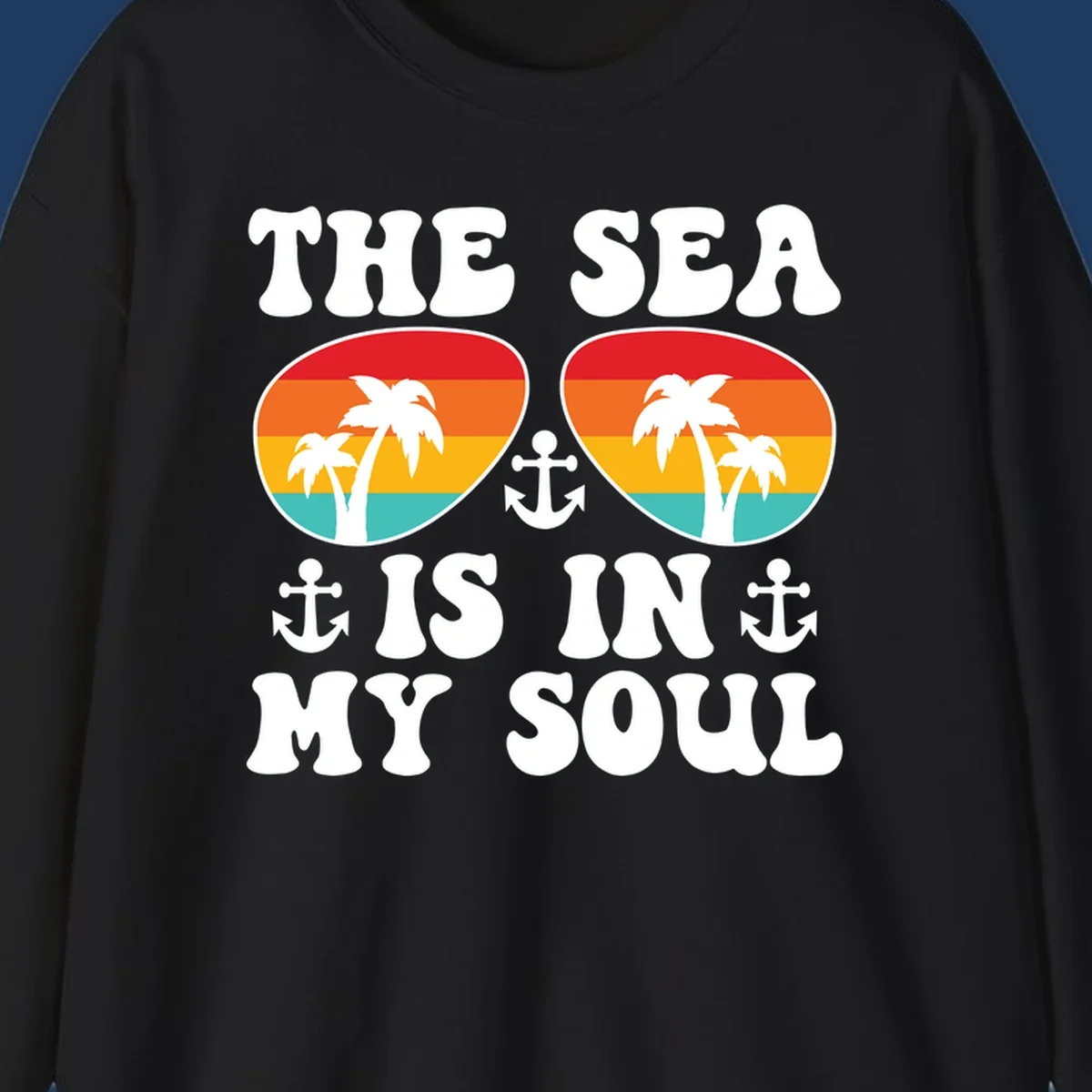 Sea in my soul cruise design with retro sunglasses filled with tropical sunset colors, palm trees, and anchor symbols