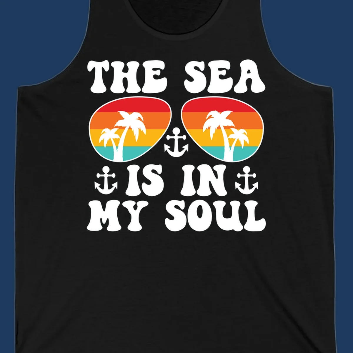 Sea in my soul cruise design with retro sunglasses filled with tropical sunset colors, palm trees, and anchor symbols