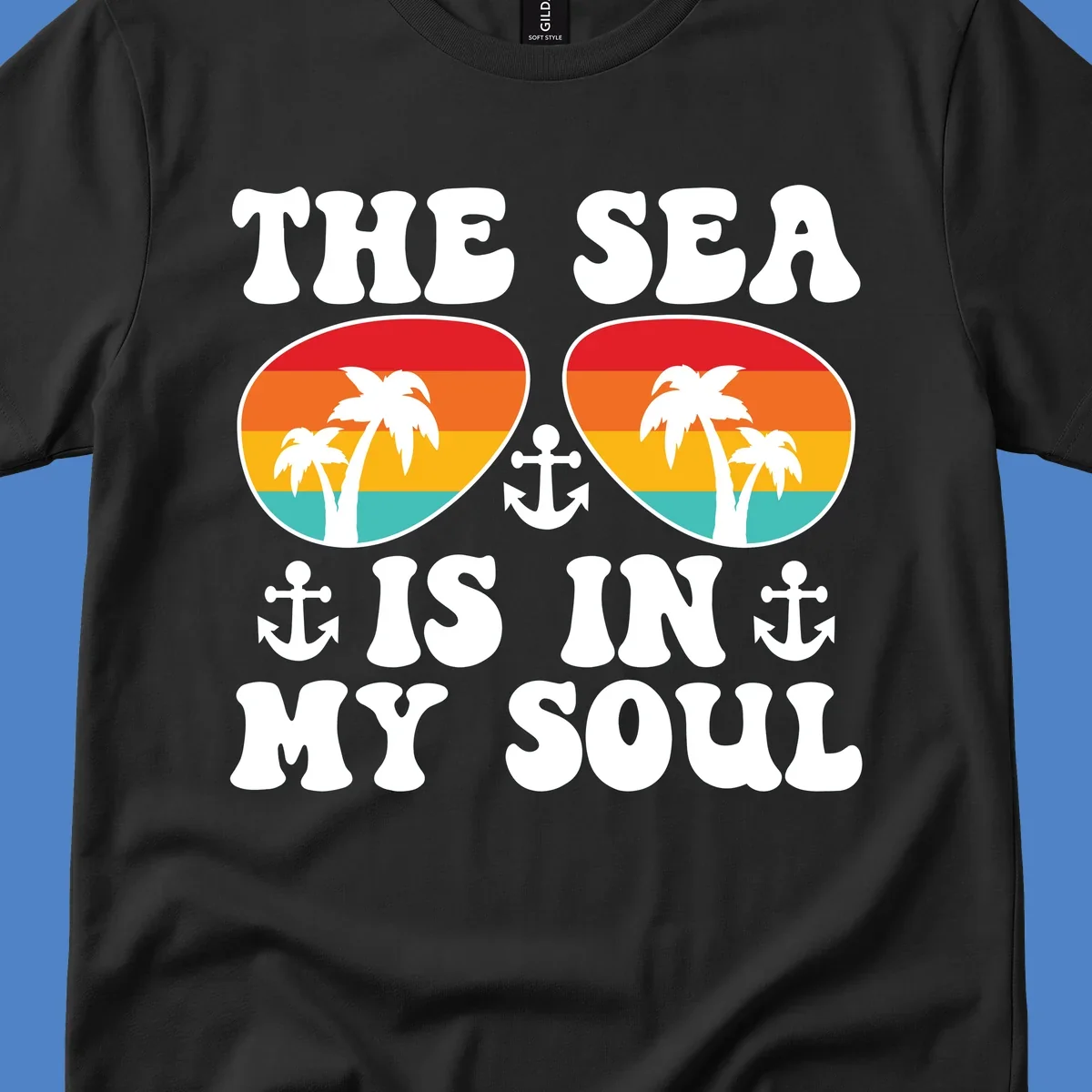 Sea in my soul cruise design with retro sunglasses filled with tropical sunset colors, palm trees, and anchor symbols