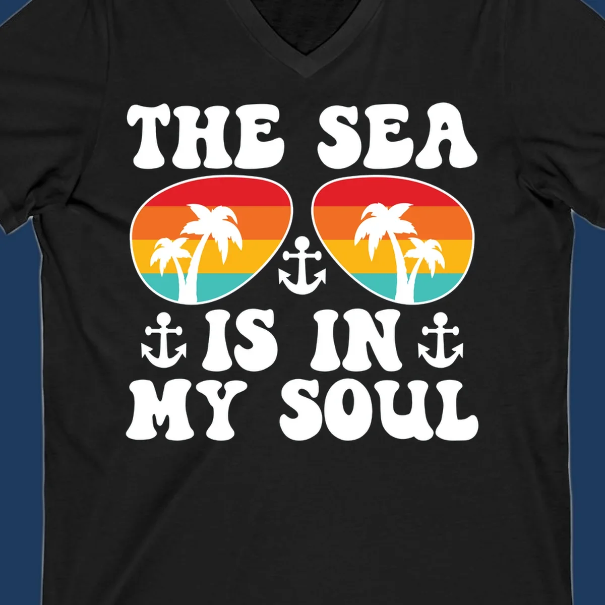 Sea in my soul cruise design with retro sunglasses filled with tropical sunset colors, palm trees, and anchor symbols