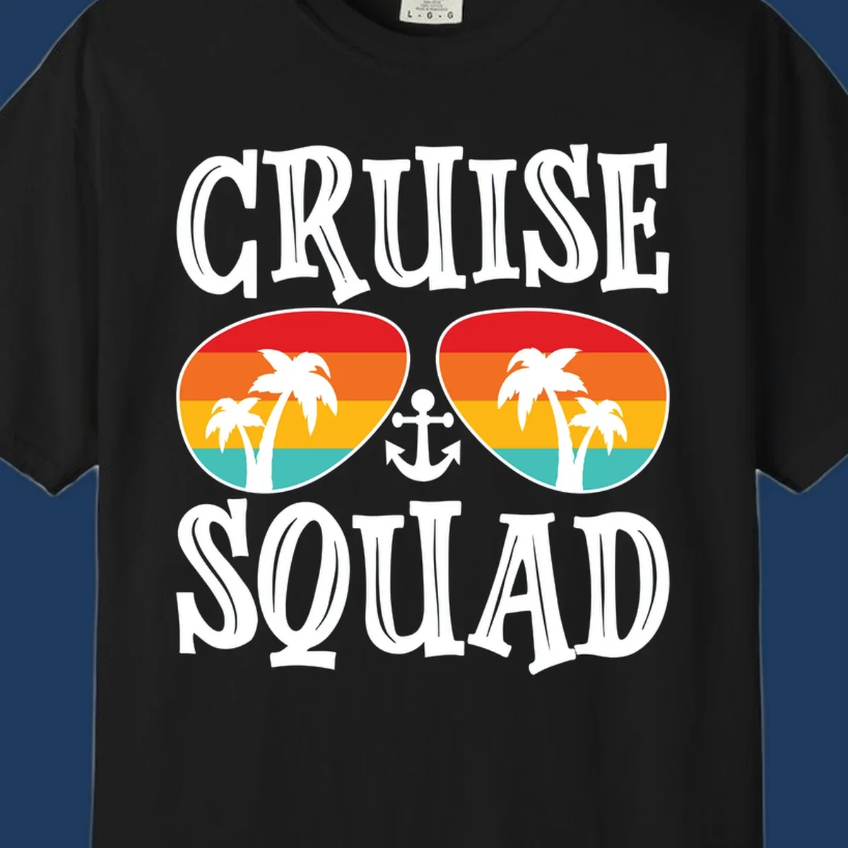 Cruise squad sunglasses design with rainbow stripes, palm trees, and anchor symbol on gray background