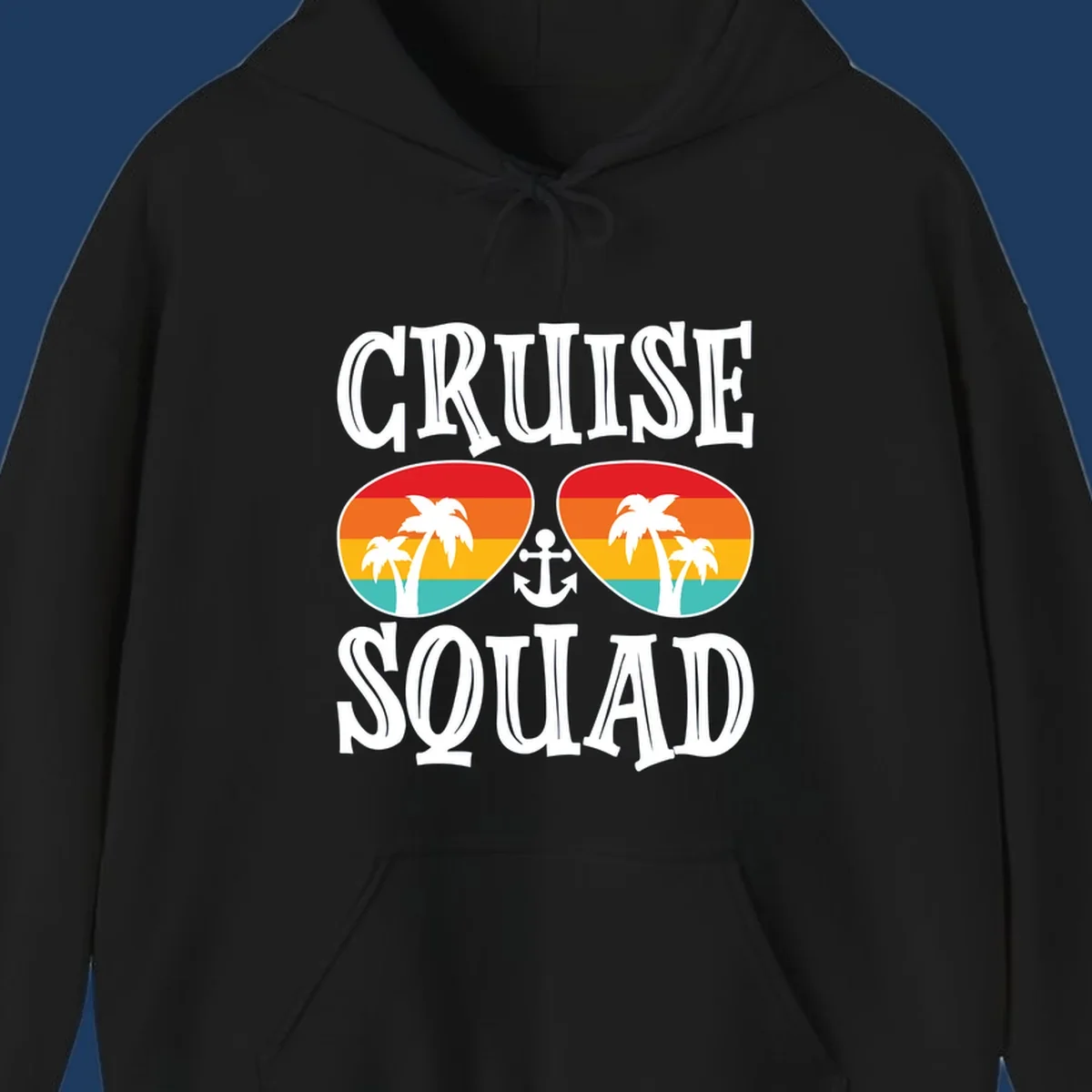 Cruise squad sunglasses design with rainbow stripes, palm trees, and anchor symbol on gray background