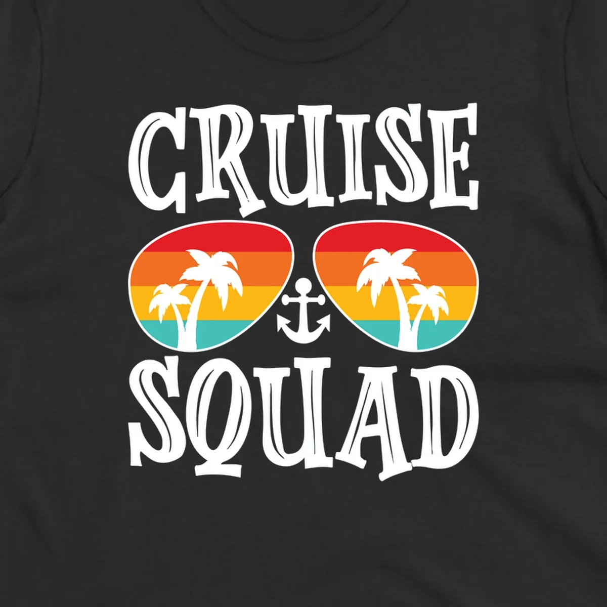 Cruise squad sunglasses design with rainbow stripes, palm trees, and anchor symbol on gray background