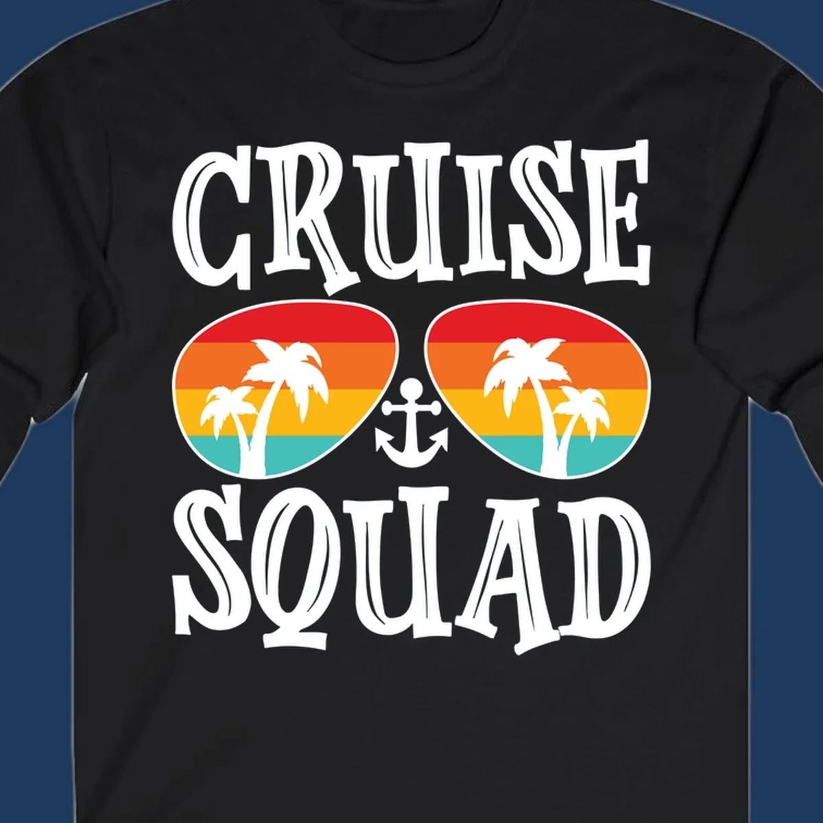 Cruise squad sunglasses design with rainbow stripes, palm trees, and anchor symbol on gray background