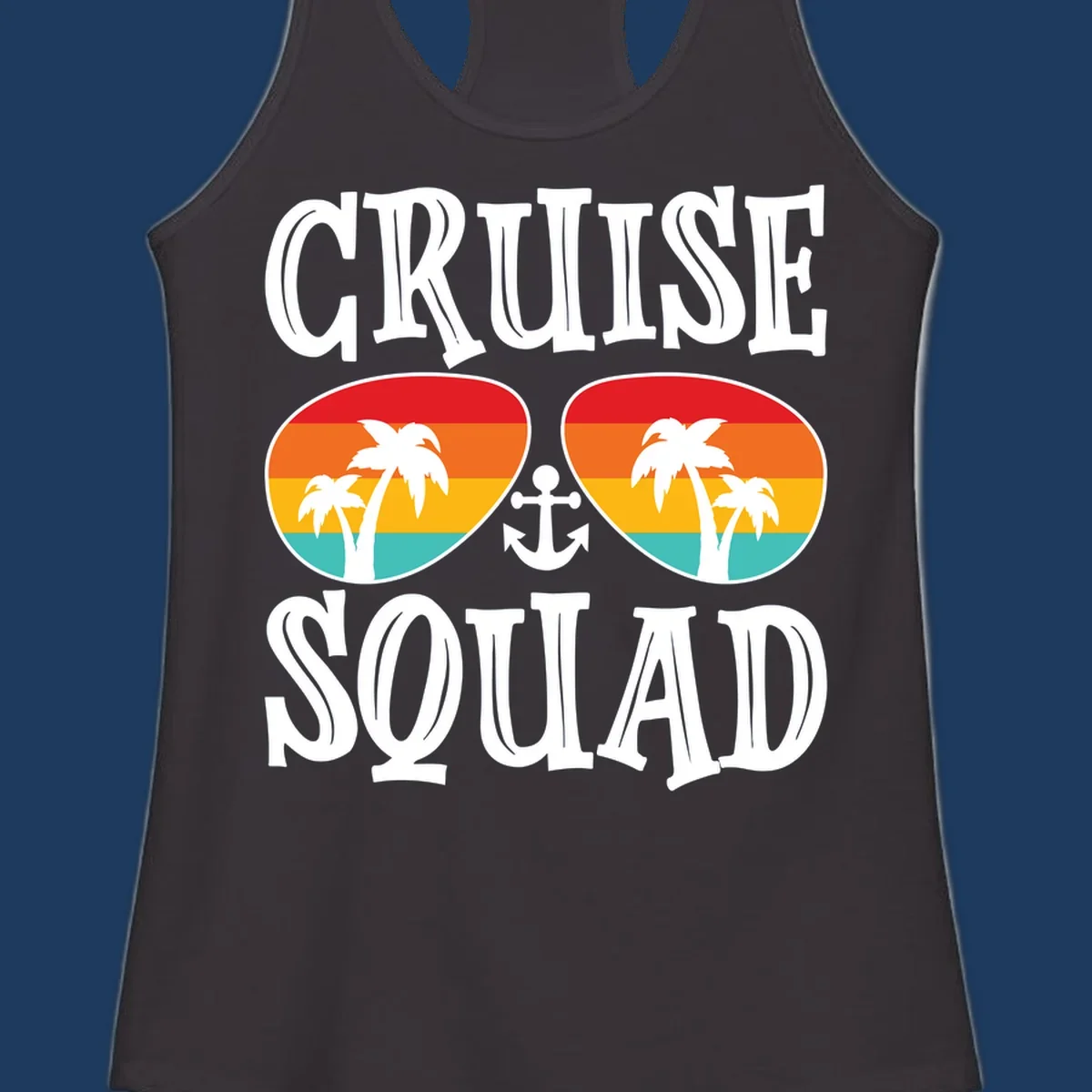Cruise squad sunglasses design with rainbow stripes, palm trees, and anchor symbol on gray background