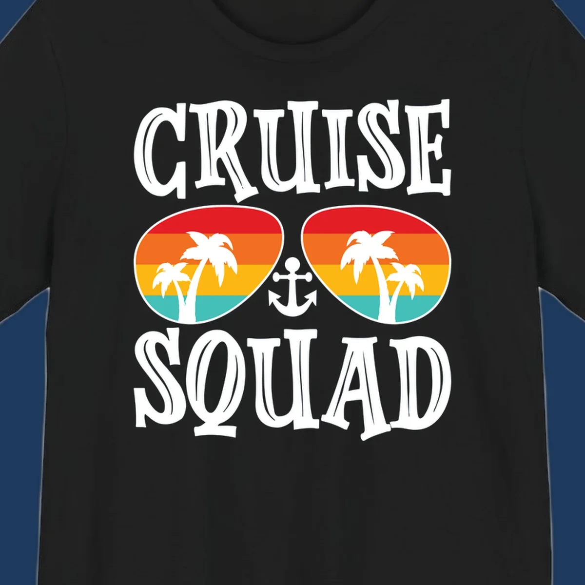 Cruise squad sunglasses design with rainbow stripes, palm trees, and anchor symbol on gray background