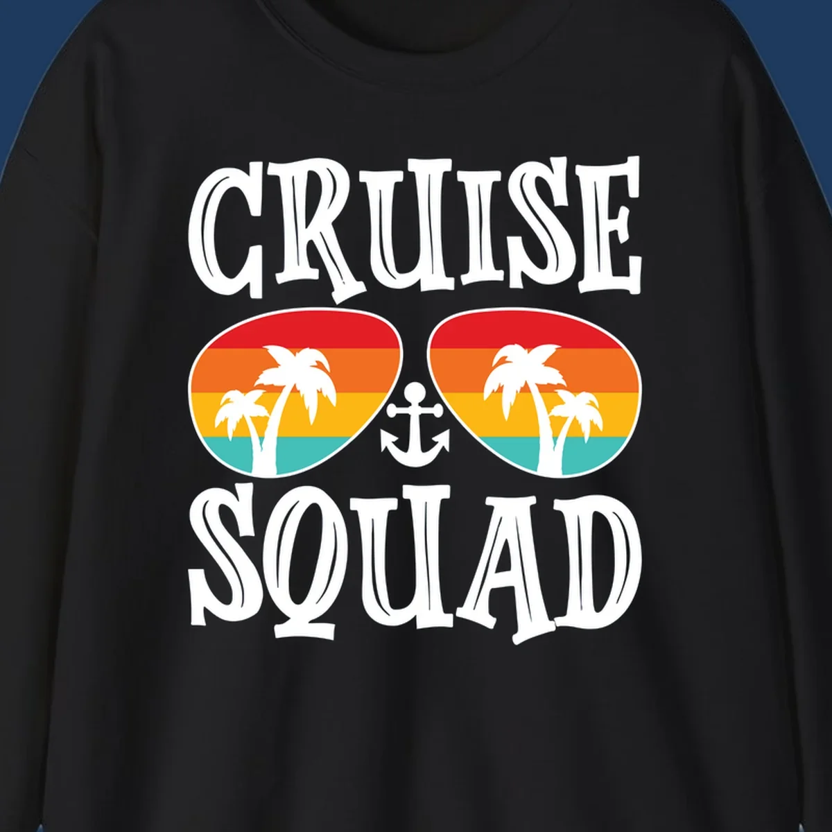 Cruise squad sunglasses design with rainbow stripes, palm trees, and anchor symbol on gray background