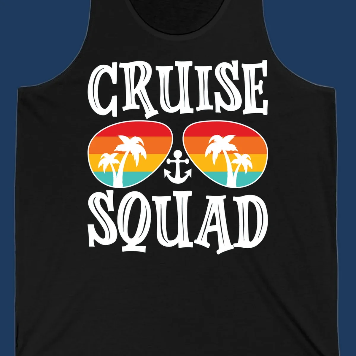 Cruise squad sunglasses design with rainbow stripes, palm trees, and anchor symbol on gray background