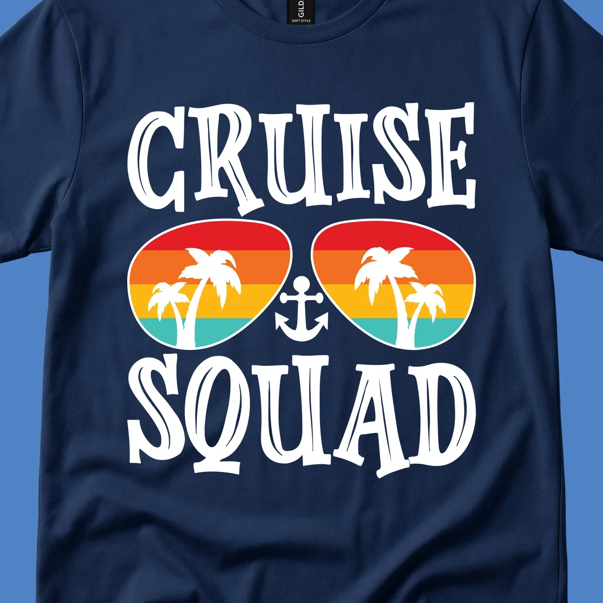 Cruise squad sunglasses design with rainbow stripes, palm trees, and anchor symbol on gray background