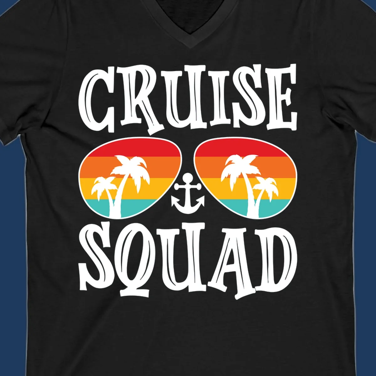 Cruise squad sunglasses design with rainbow stripes, palm trees, and anchor symbol on gray background