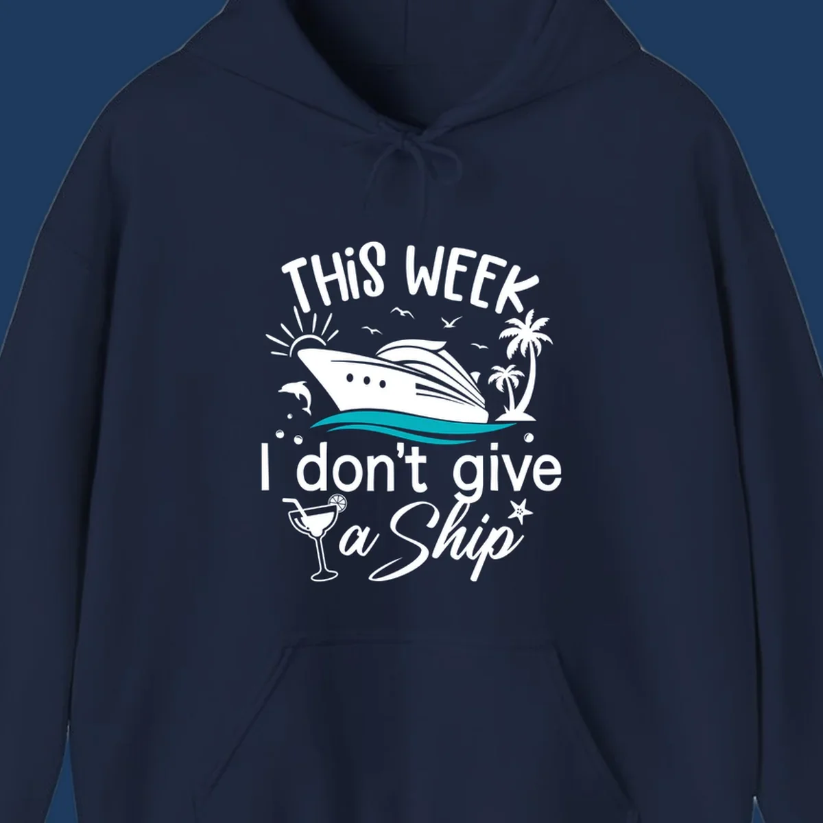 Cruise ship with palm trees and ocean waves illustration with text 'This Week I Don't Give A Ship' - funny vacation design