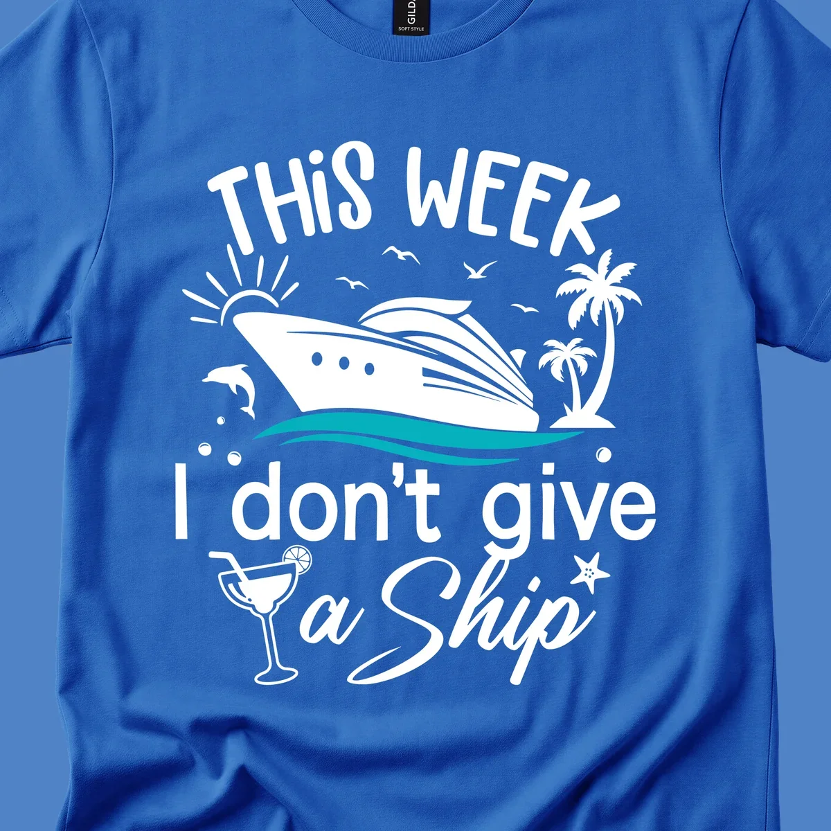 Cruise ship with palm trees and ocean waves illustration with text 'This Week I Don't Give A Ship' - funny vacation design
