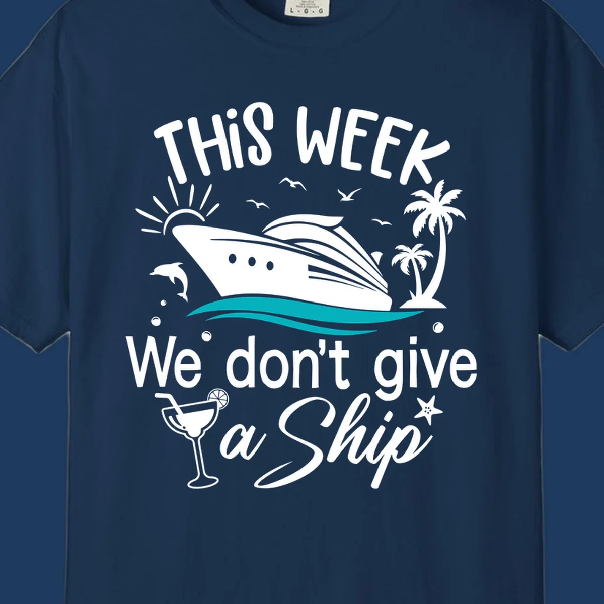Playful cruise ship illustration with tropical palms and ocean waves, featuring text 'We don't give a ship' for vacation humor