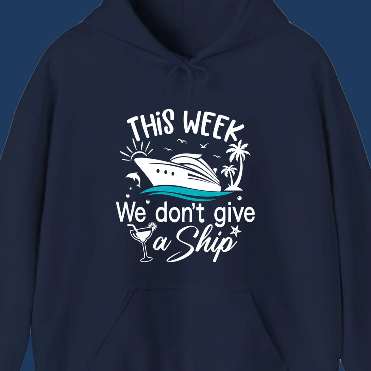 Playful cruise ship illustration with tropical palms and ocean waves, featuring text 'We don't give a ship' for vacation humor