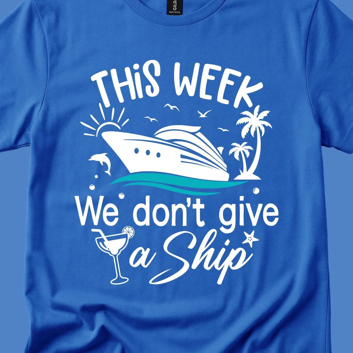 Playful cruise ship illustration with tropical palms and ocean waves, featuring text 'We don't give a ship' for vacation humor