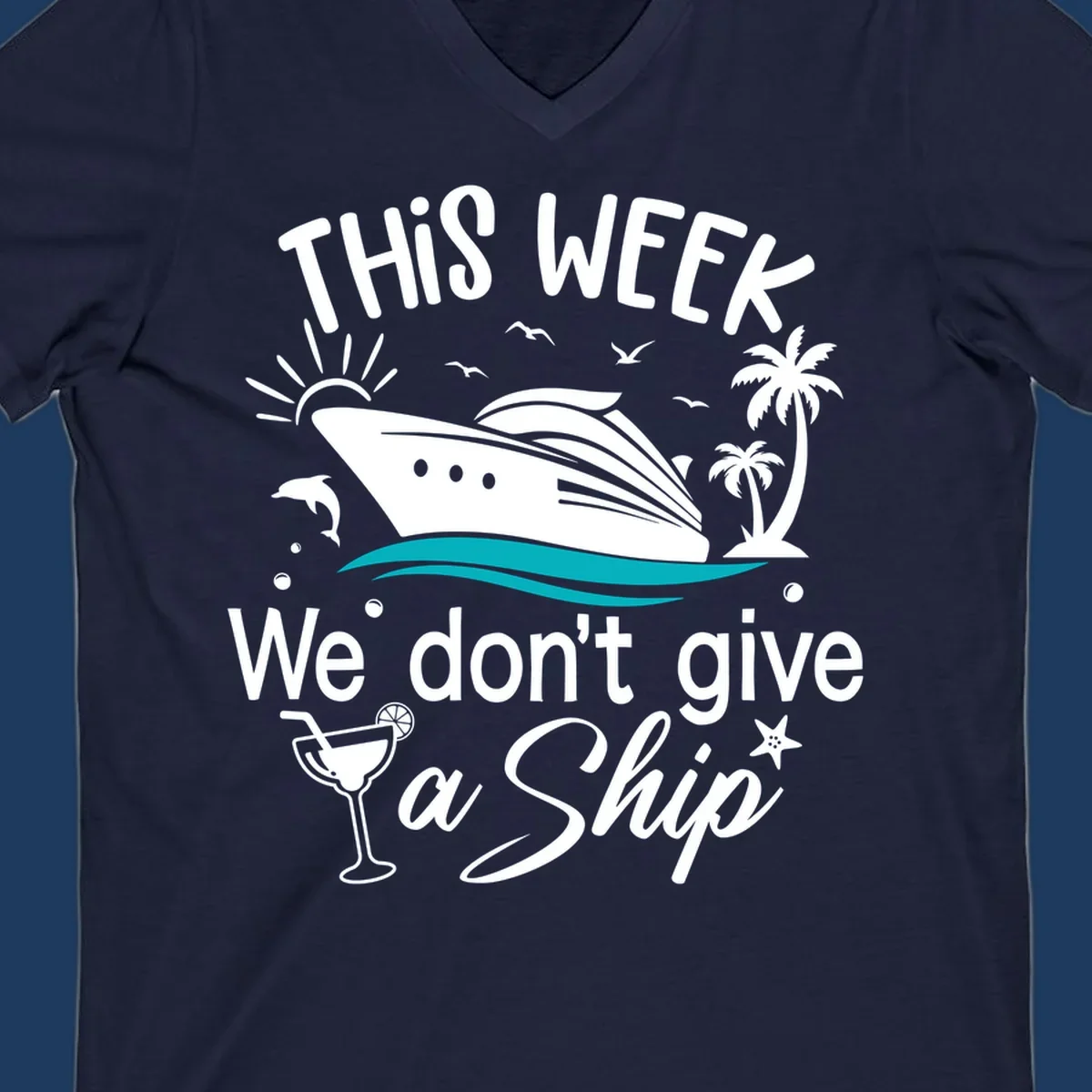 Playful cruise ship illustration with tropical palms and ocean waves, featuring text 'We don't give a ship' for vacation humor