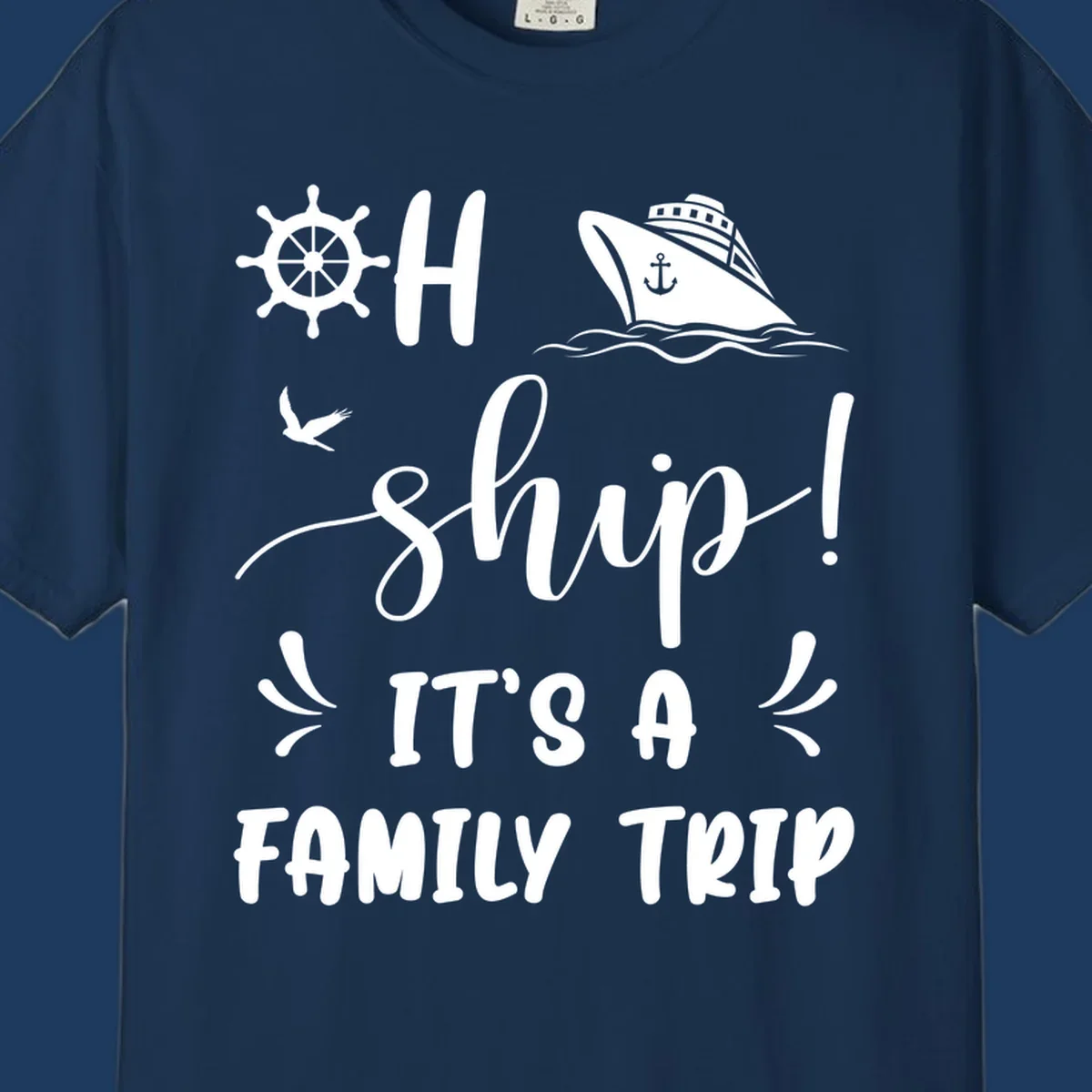 Nautical design with ship wheel, cruise ship, seagull, and 'Ahoy Ship It's A Family Trip' text in white on gray background