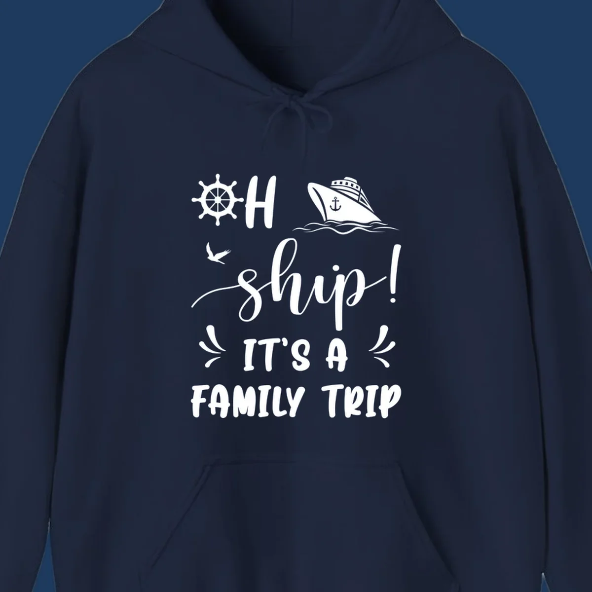 Nautical design with ship wheel, cruise ship, seagull, and 'Ahoy Ship It's A Family Trip' text in white on gray background