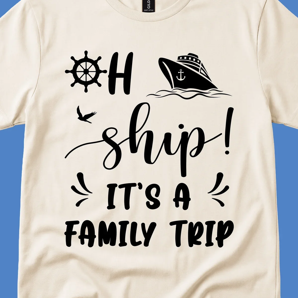 Nautical design with ship wheel, cruise ship, seagull, and 'Ahoy Ship It's A Family Trip' text in white on gray background