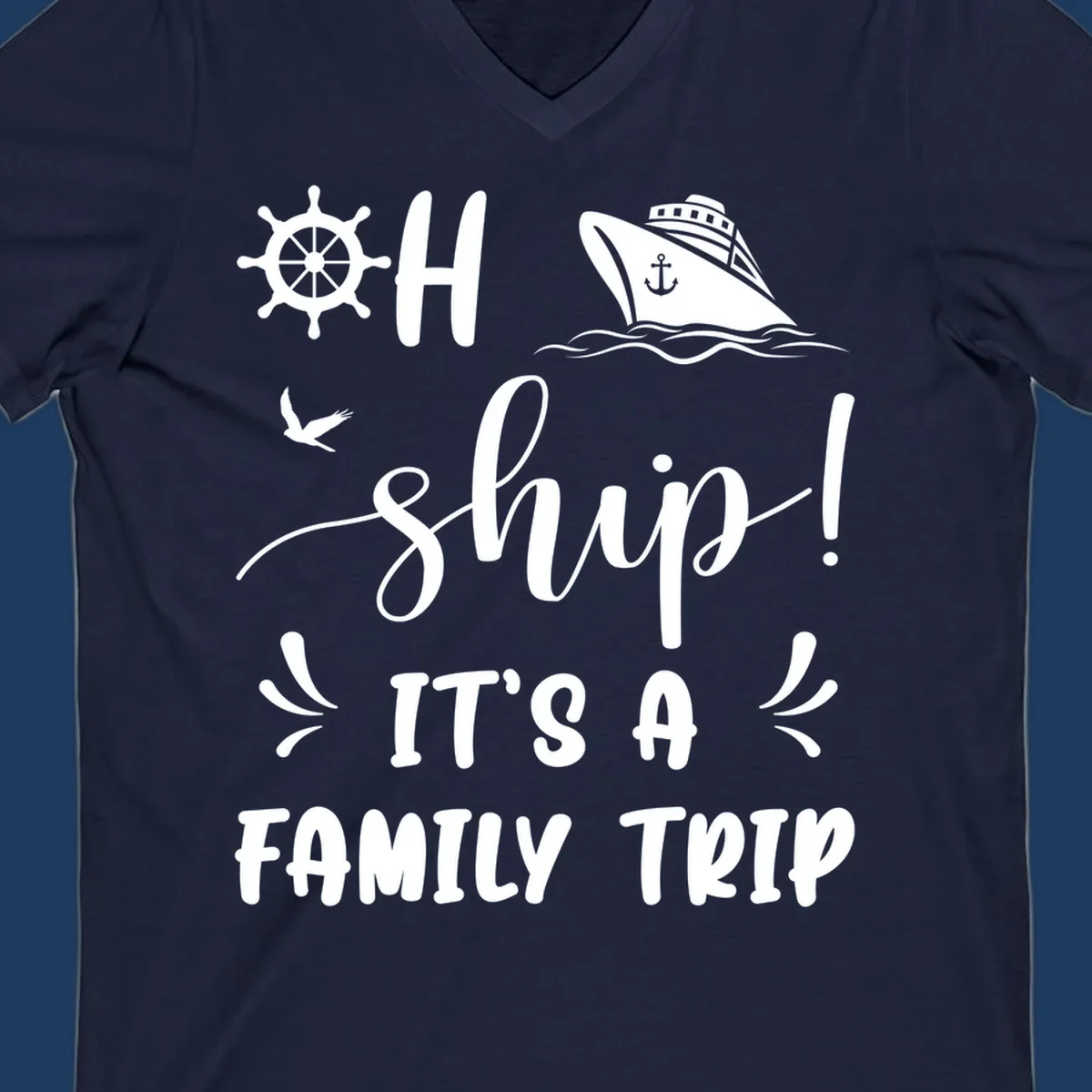 Nautical design with ship wheel, cruise ship, seagull, and 'Ahoy Ship It's A Family Trip' text in white on gray background