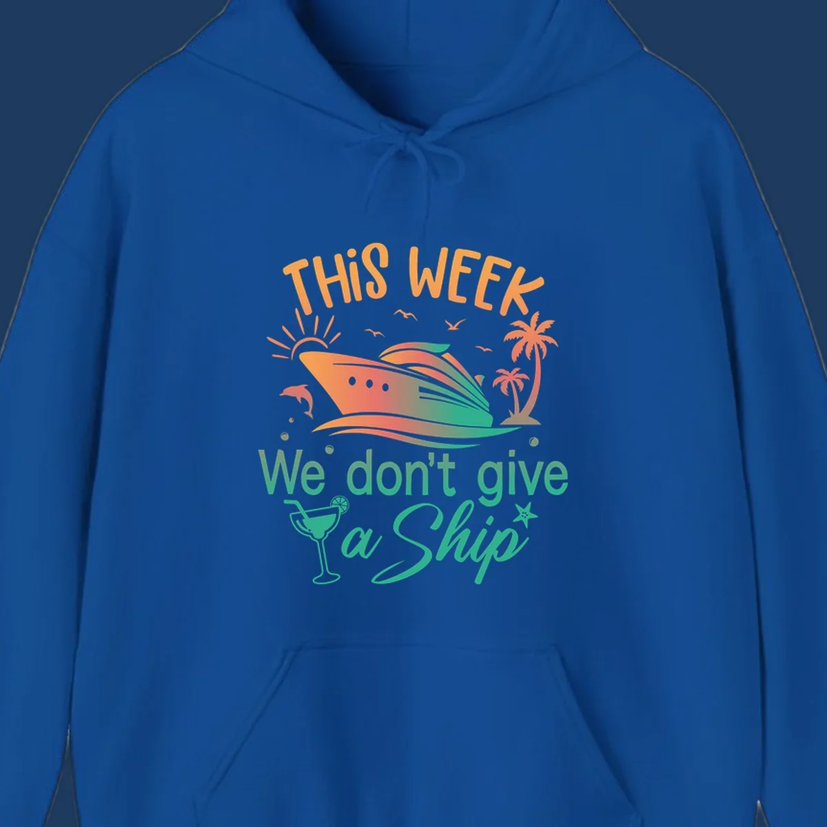 Colorful cruise ship illustration with tropical palm trees, sun, and text reading 'This Week We Don't Give A Ship' - don't-give-a-ship-cruise design