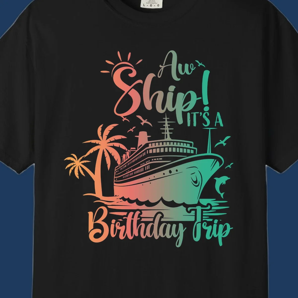 Cruise ship birthday trip design with tropical palm trees, sailing vessel, and playful text in coral and teal colors