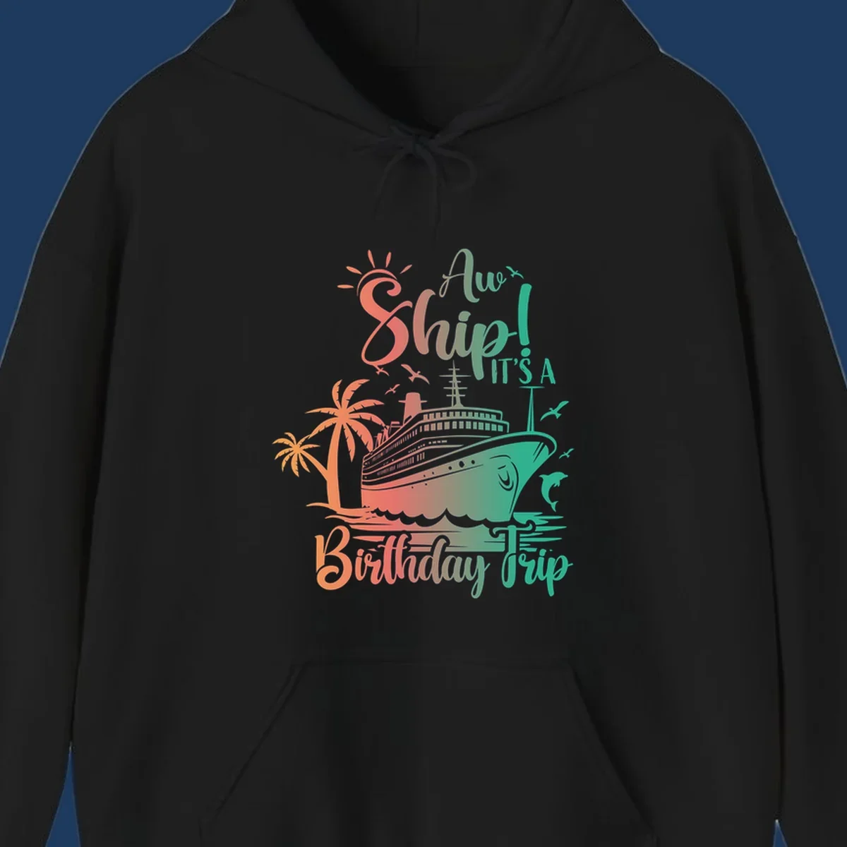 Cruise ship birthday trip design with tropical palm trees, sailing vessel, and playful text in coral and teal colors