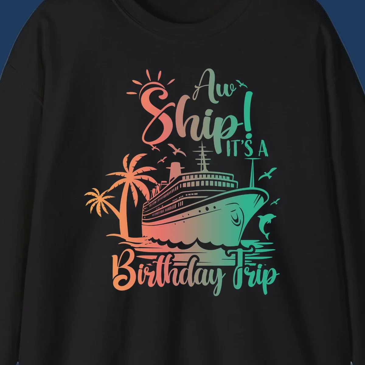 Cruise ship birthday trip design with tropical palm trees, sailing vessel, and playful text in coral and teal colors