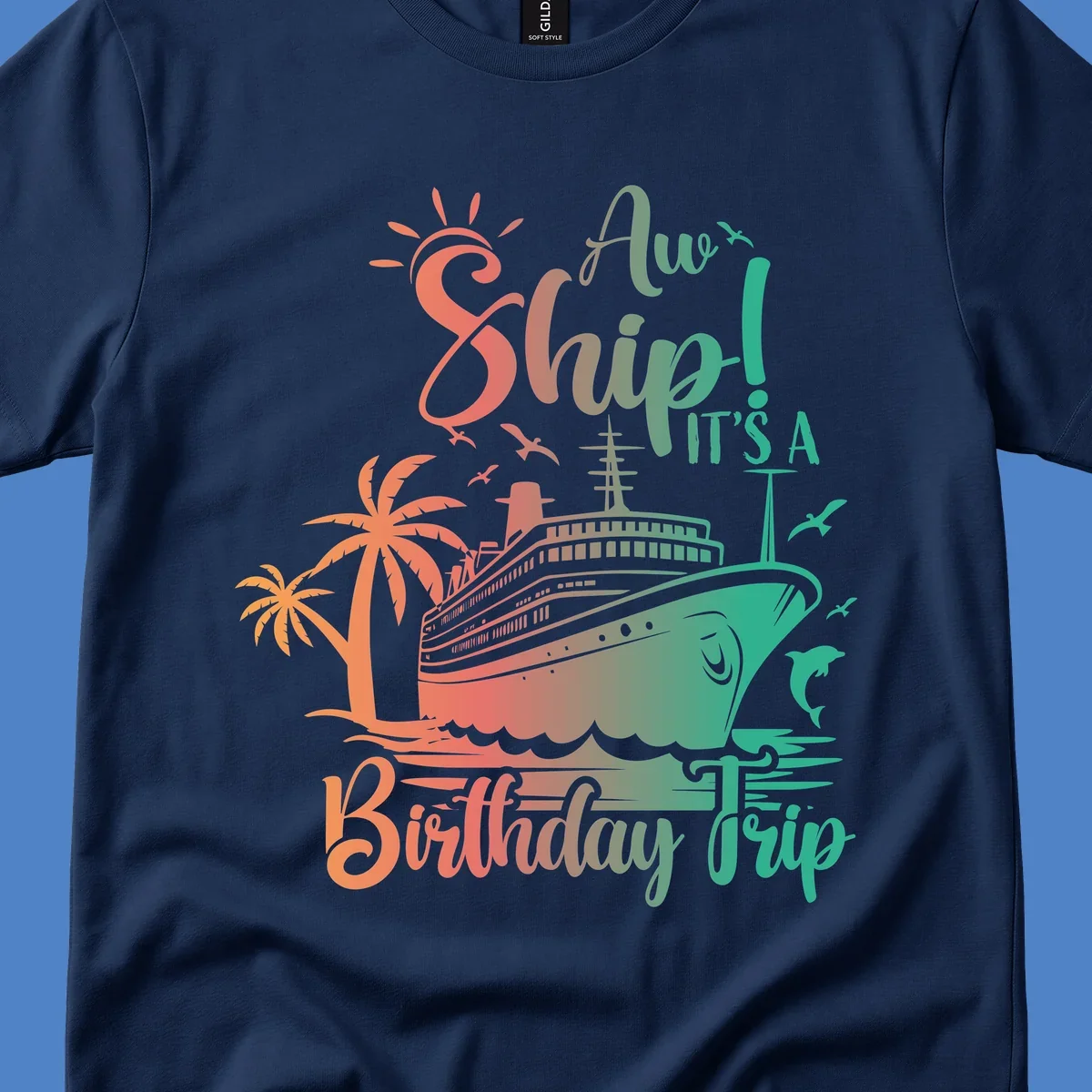 Cruise ship birthday trip design with tropical palm trees, sailing vessel, and playful text in coral and teal colors