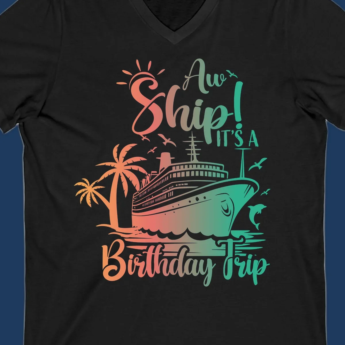 Cruise ship birthday trip design with tropical palm trees, sailing vessel, and playful text in coral and teal colors
