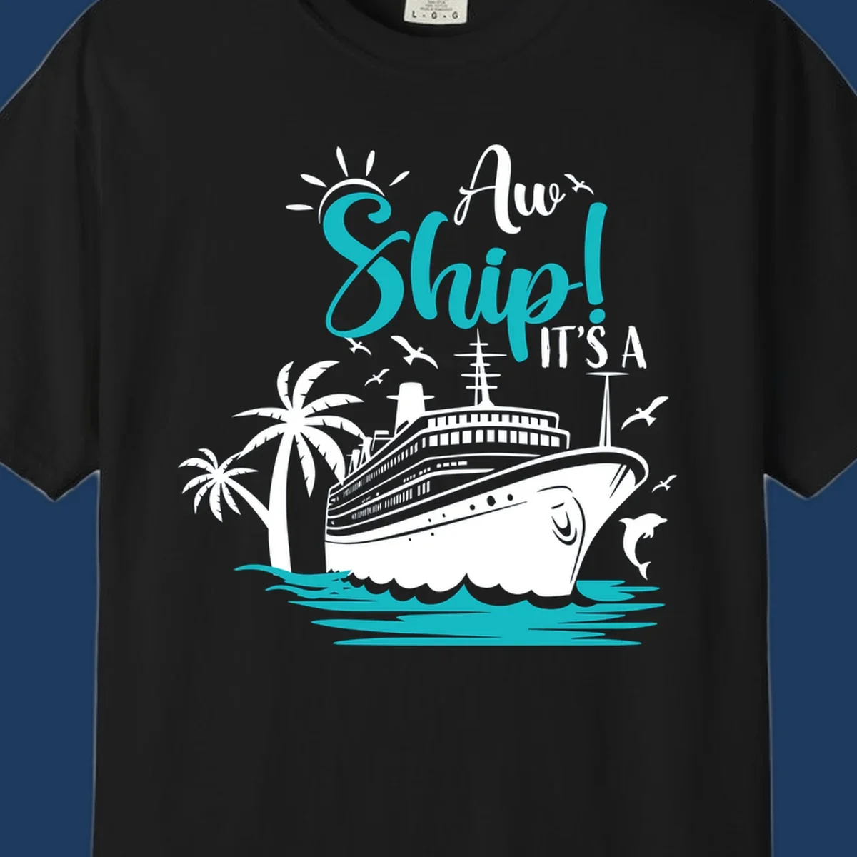 Aw ship it's a cruise design with ship, palm trees, waves, and seagulls in turquoise and white illustration
