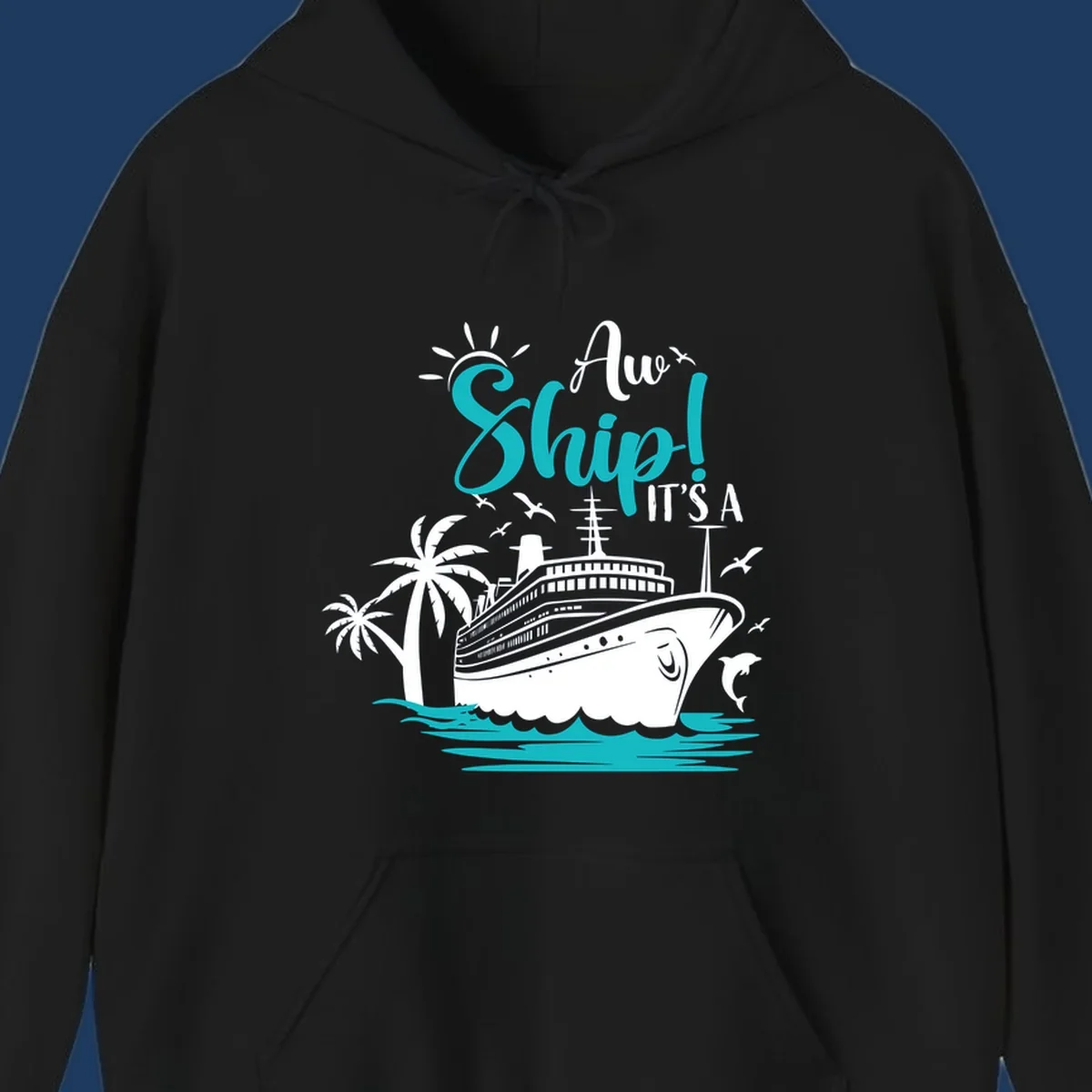 Aw ship it's a cruise design with ship, palm trees, waves, and seagulls in turquoise and white illustration