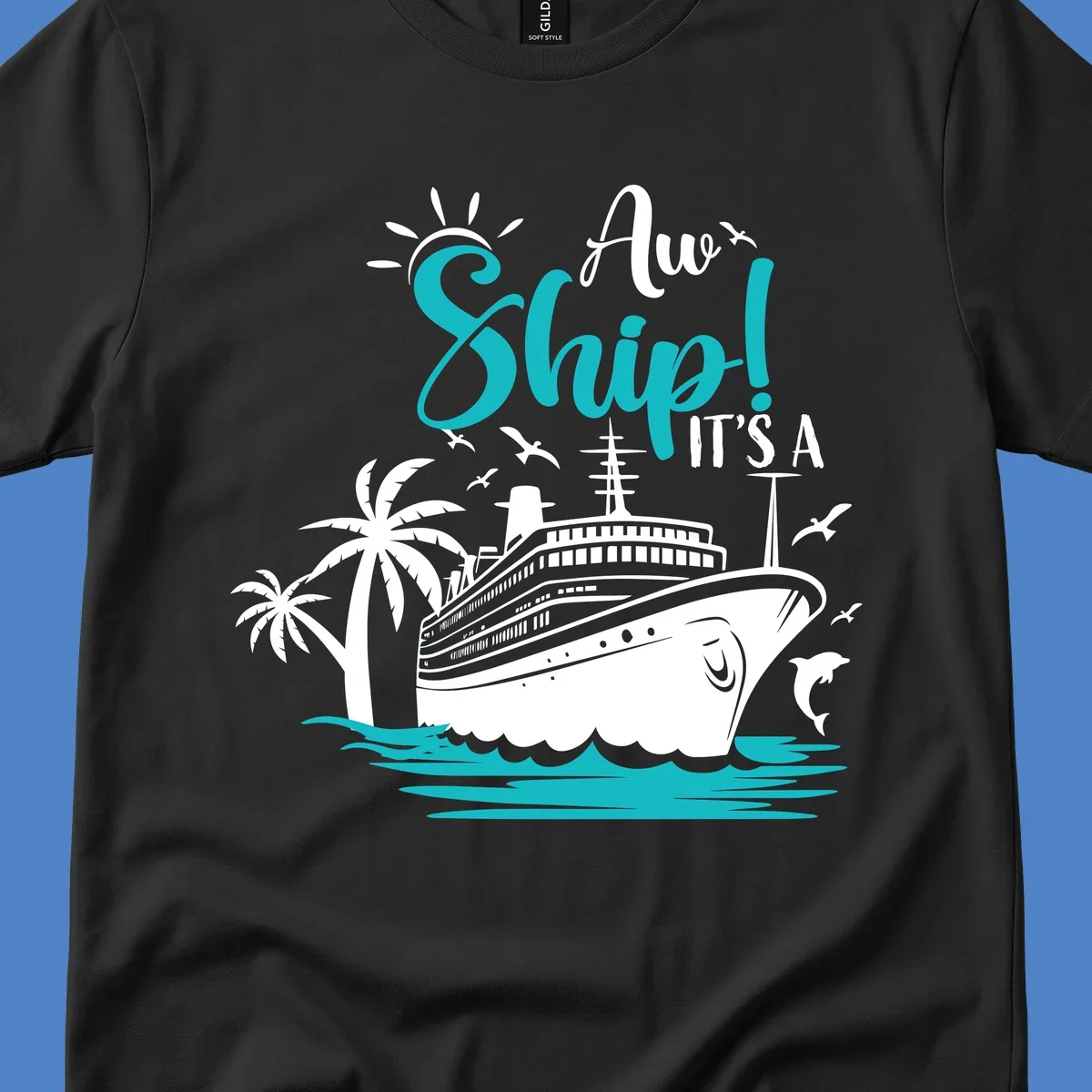 Aw ship it's a cruise design with ship, palm trees, waves, and seagulls in turquoise and white illustration