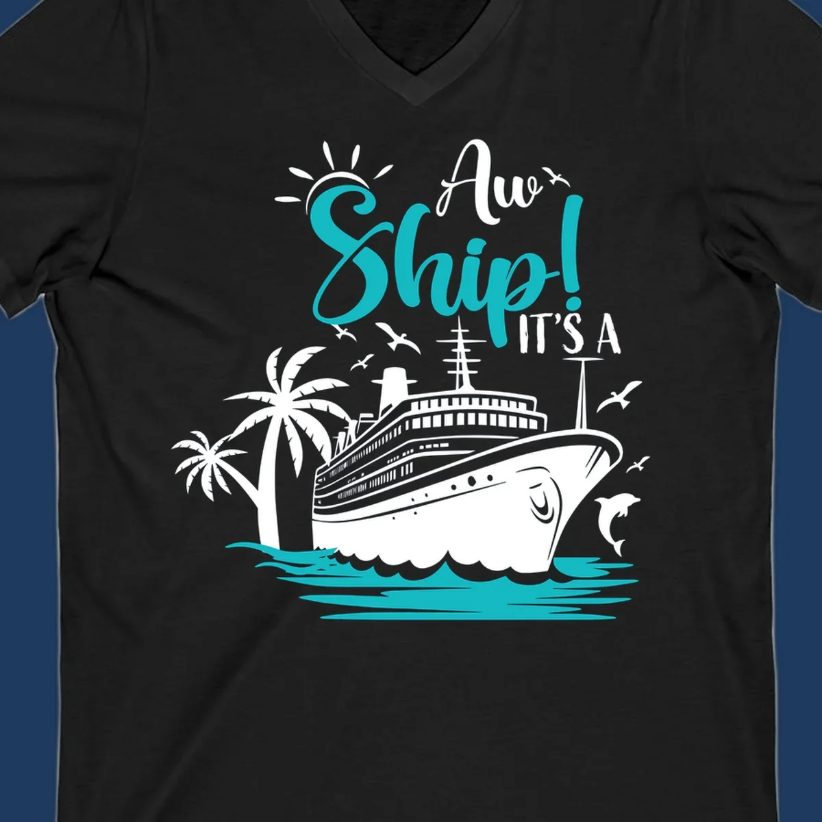 Aw ship it's a cruise design with ship, palm trees, waves, and seagulls in turquoise and white illustration