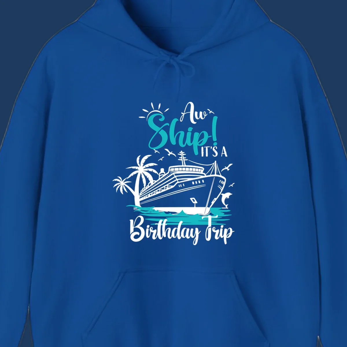 Ahoy ship birthday trip design with cruise ship, palm trees, dolphins, and ocean waves in teal and white on gray