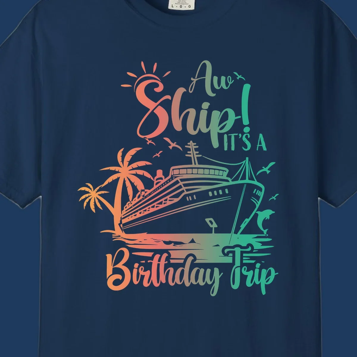 Colorful birthday cruise trip design with ship, palm trees, and sun in coral and mint green colors