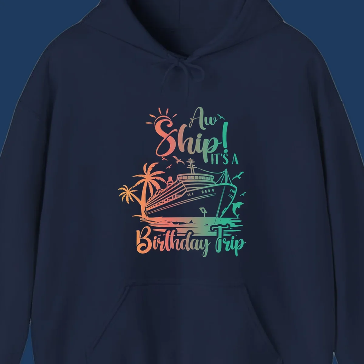 Colorful birthday cruise trip design with ship, palm trees, and sun in coral and mint green colors