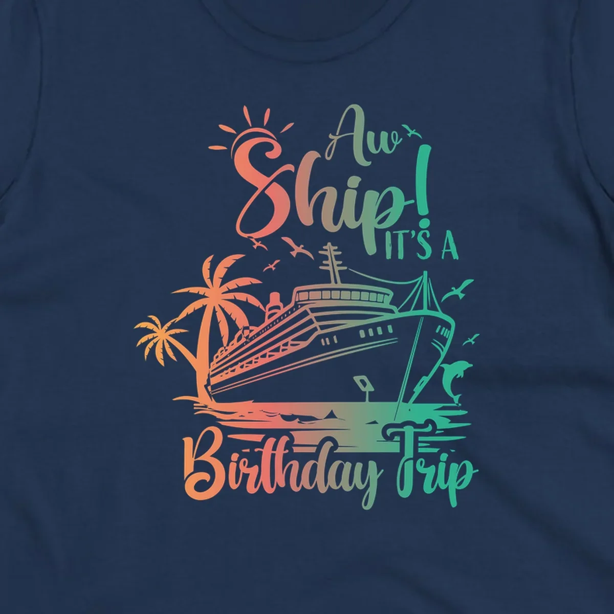 Colorful birthday cruise trip design with ship, palm trees, and sun in coral and mint green colors