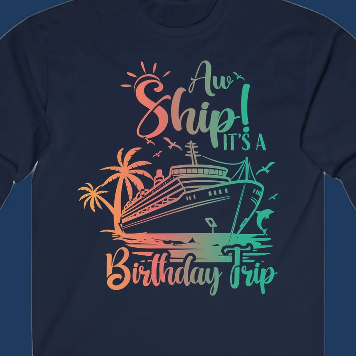 Colorful birthday cruise trip design with ship, palm trees, and sun in coral and mint green colors