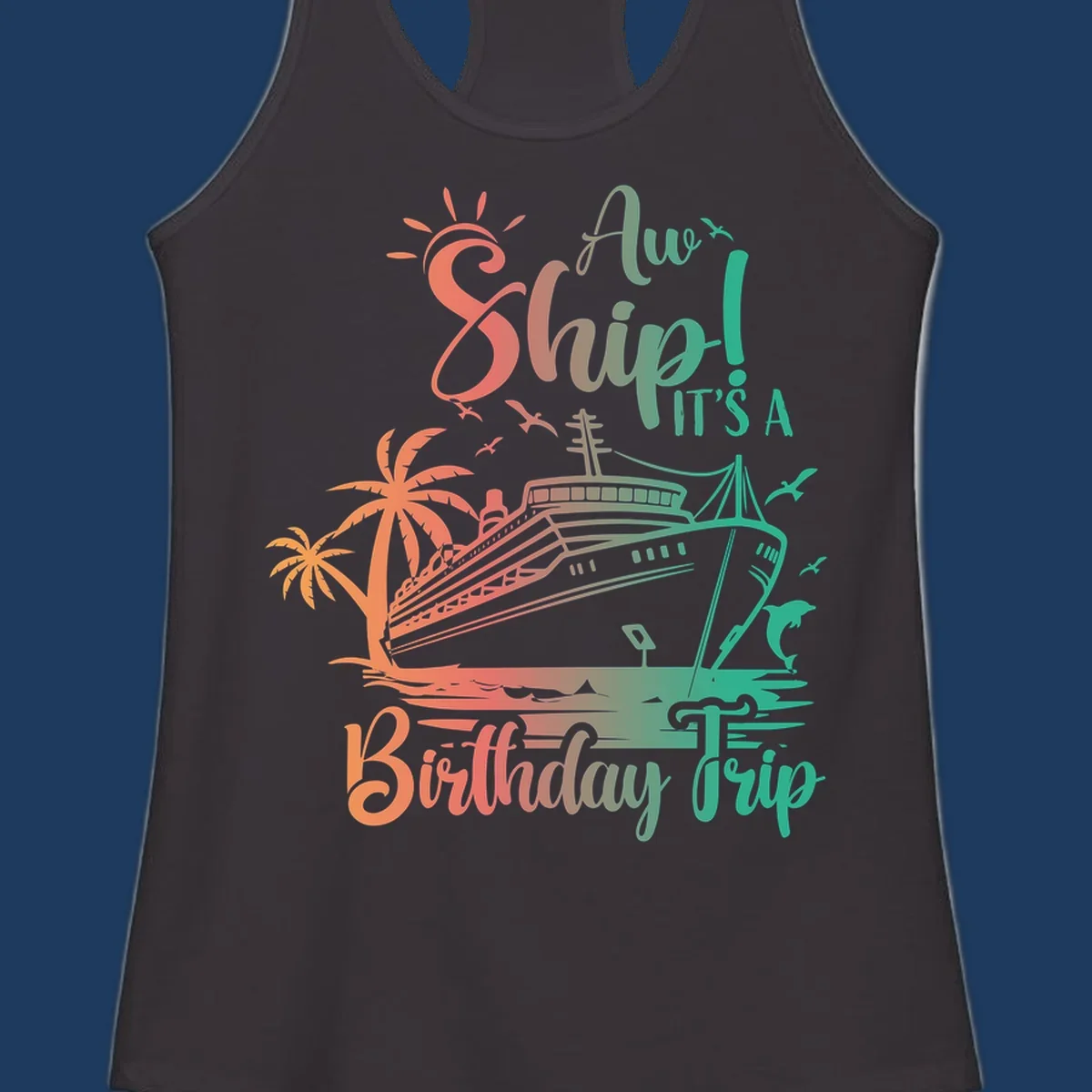 Colorful birthday cruise trip design with ship, palm trees, and sun in coral and mint green colors