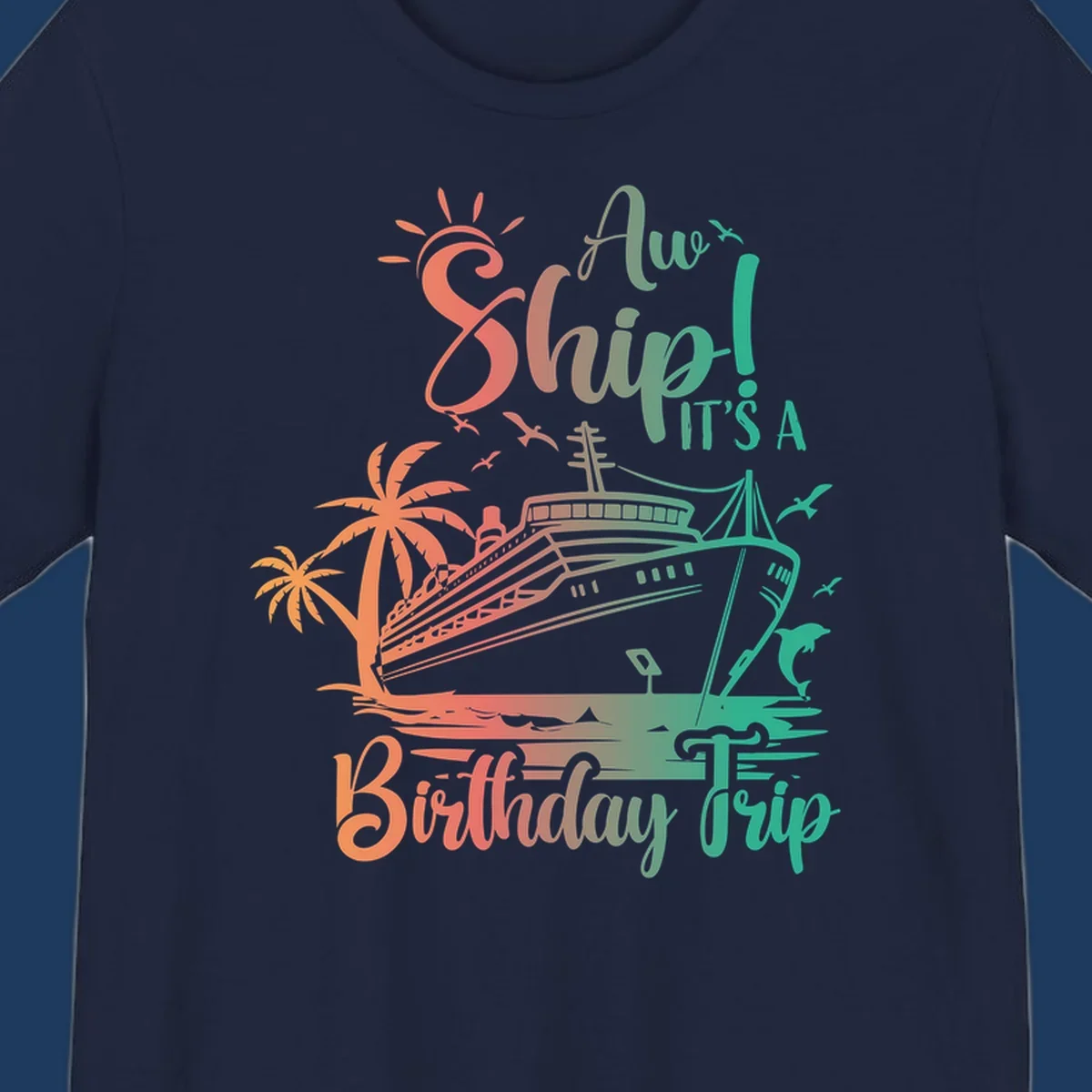 Colorful birthday cruise trip design with ship, palm trees, and sun in coral and mint green colors