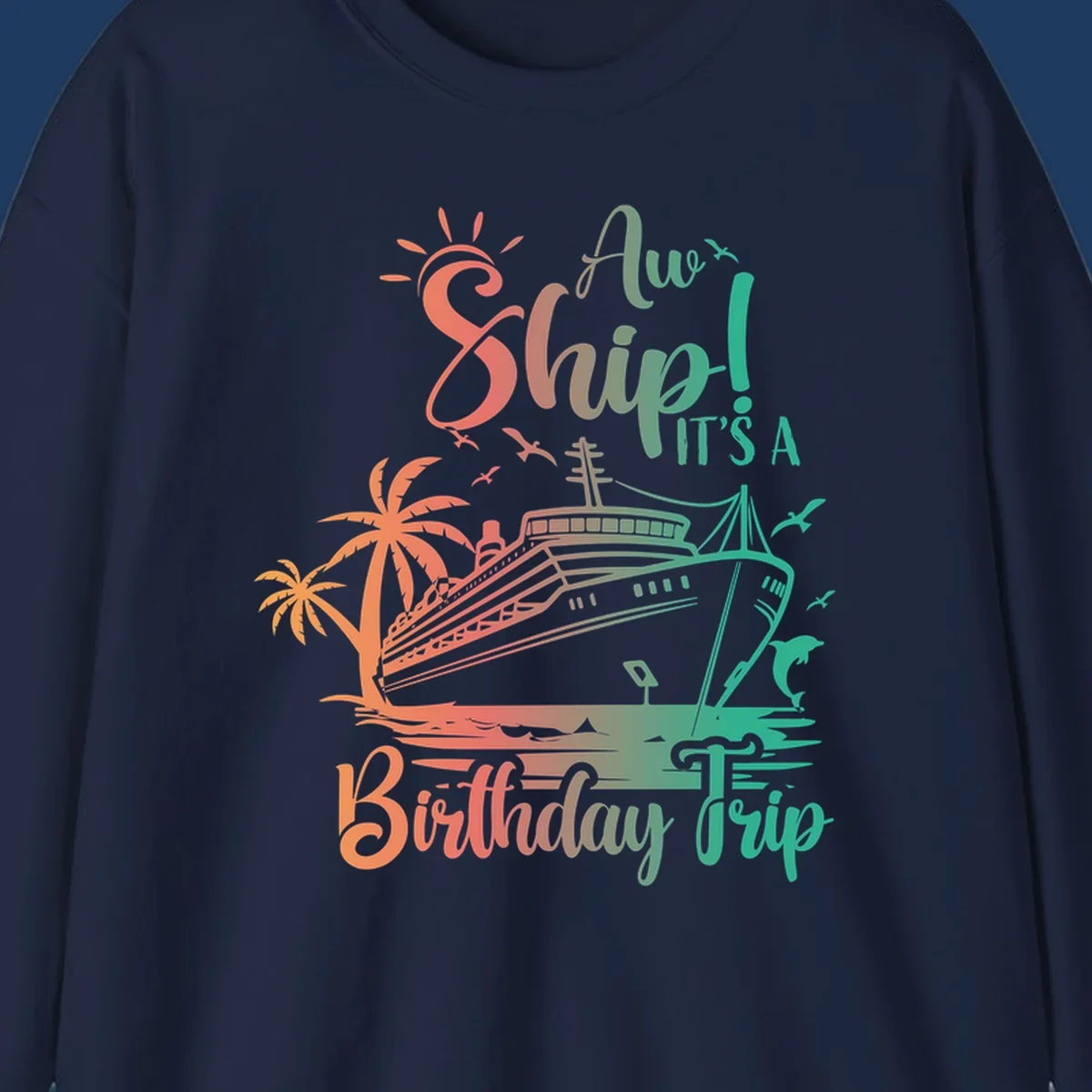 Colorful birthday cruise trip design with ship, palm trees, and sun in coral and mint green colors