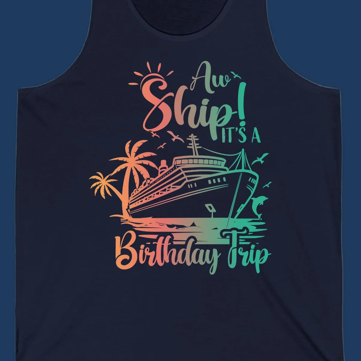 Colorful birthday cruise trip design with ship, palm trees, and sun in coral and mint green colors