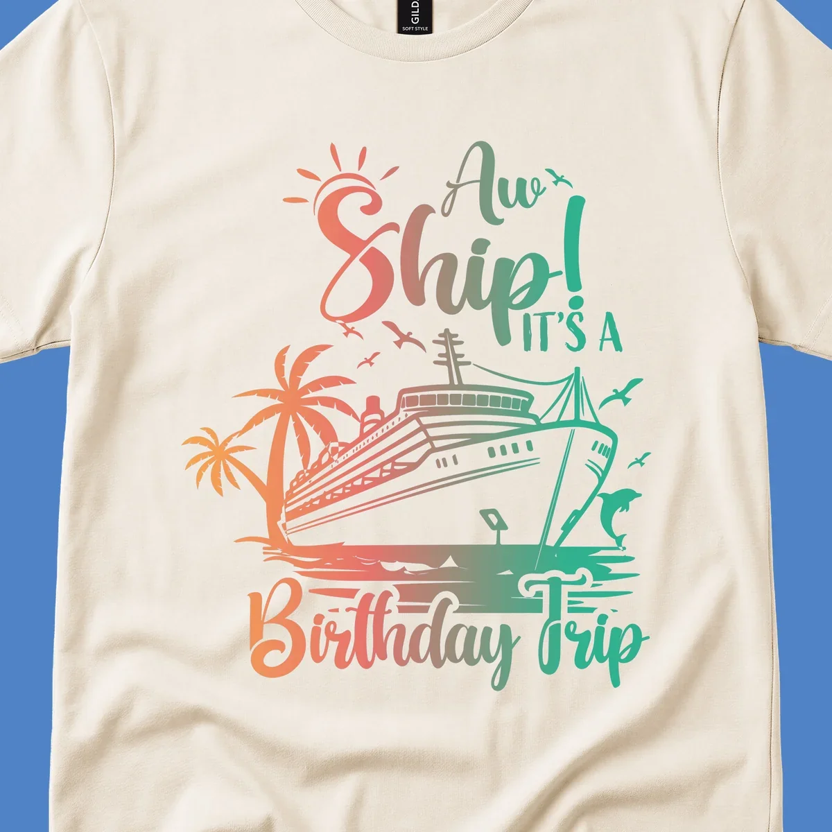 Colorful birthday cruise trip design with ship, palm trees, and sun in coral and mint green colors
