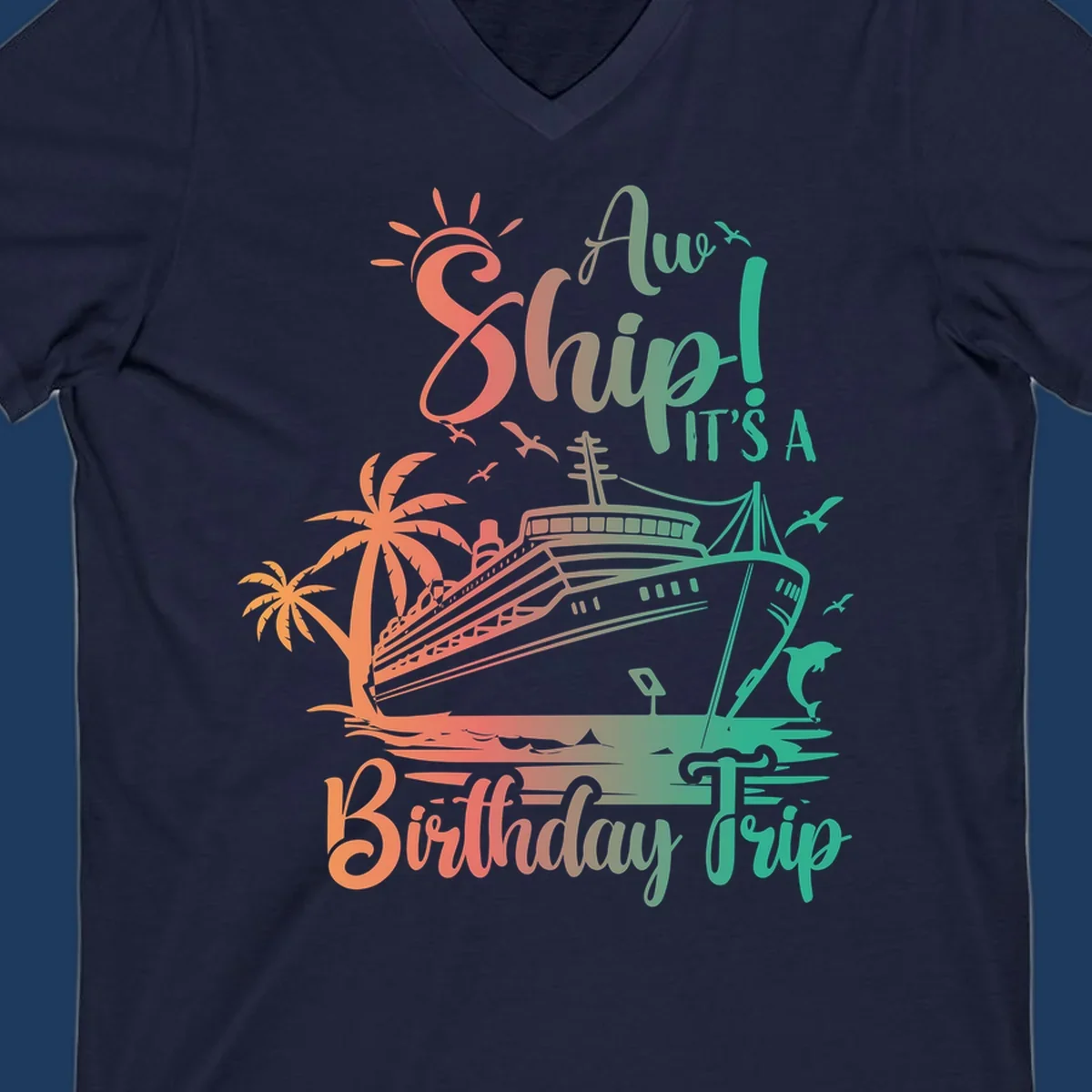 Colorful birthday cruise trip design with ship, palm trees, and sun in coral and mint green colors