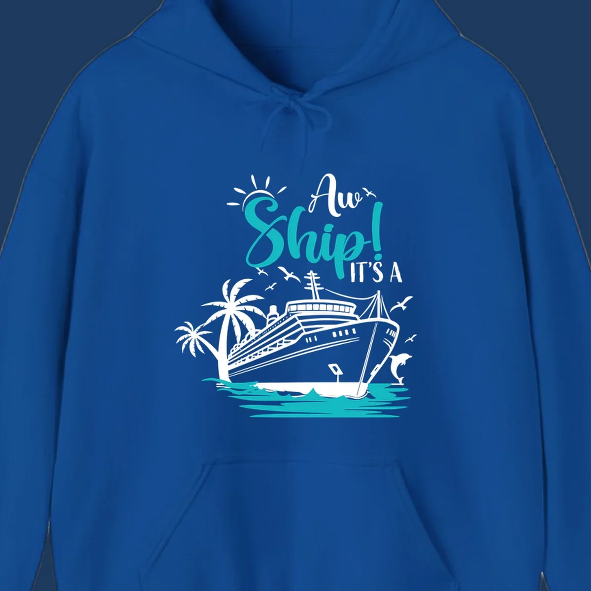 Aw ship cruise pun design with ocean liner, palm trees, waves, seagulls, and dolphin illustration in turquoise and white