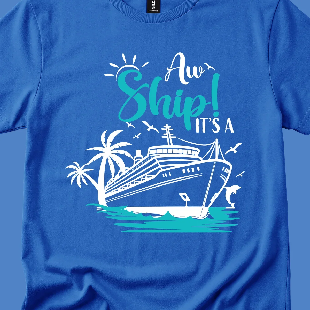 Aw ship cruise pun design with ocean liner, palm trees, waves, seagulls, and dolphin illustration in turquoise and white